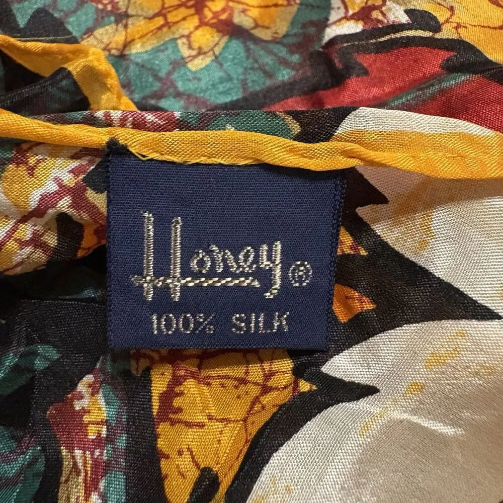 Honey Silk Scarf Colorful Fall Leaves Design 10”x52” Japan Vtg Orange Red Green